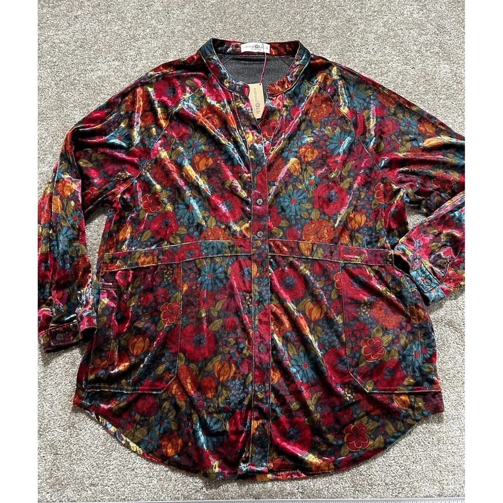 Natural Life Women's S Button Down Colorful Floral Silky Velvet Top